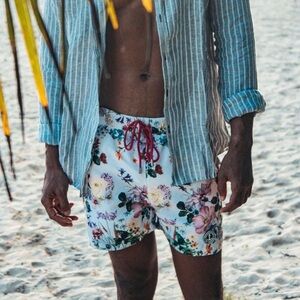 Europann FLY Ecru Men’s Swim Trunks White Floral Mesh Liner Sz S